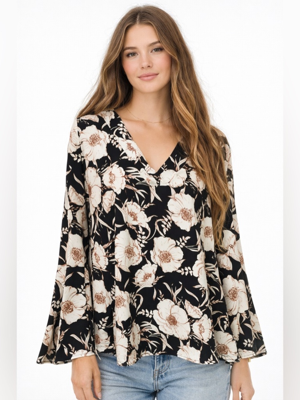 Peach Love California Floral Boho Blouse Small Black Cream Bell Sleeve Flowy Top